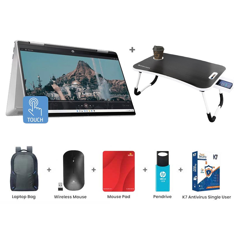 Picture of HP Pavilion x360 - 13th Gen Intel Core i5 14" (35.6 cm) 14-ek1149TU Thin & Light Laptop (16GB/ 1TB SSD/ Full HD Touch Display/ Intel Iris X Graphics/ Windows 11 Home/ MS Office/ 1 Year Warranty/ Natural Silver/ 1.51kg) with Laptop Table + Laptop Bag + Wireless Mouse + Mouse Pad + Pendrive + K7 Antivirus Single User